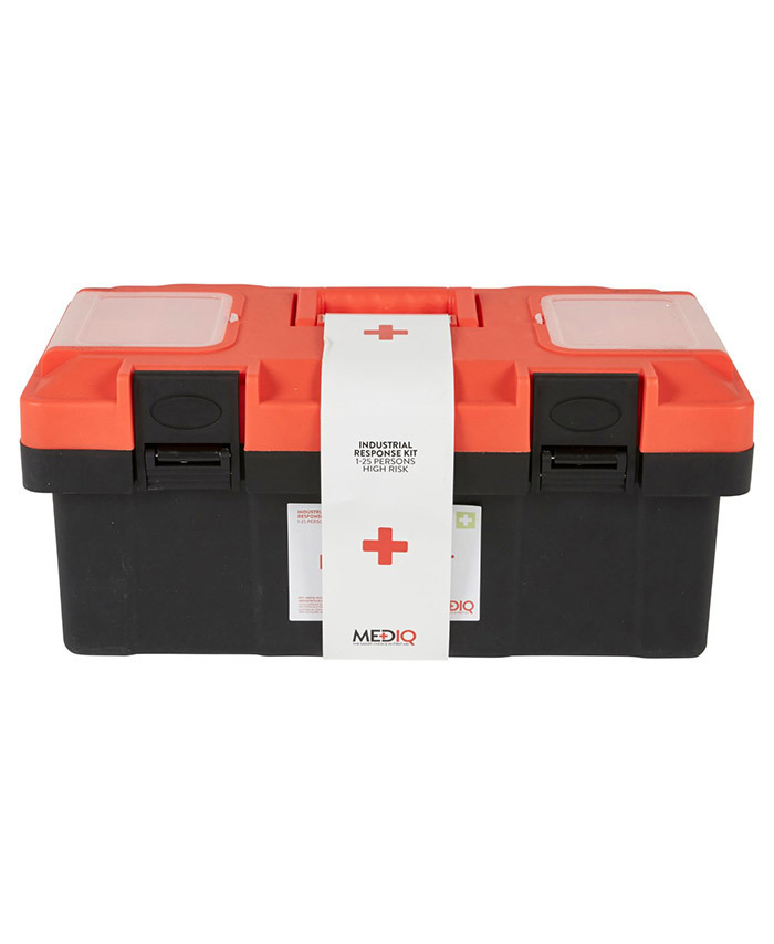 WORKWEAR, SAFETY & CORPORATE CLOTHING SPECIALISTS - DISCONTINUED - MEDIQ ESSENTIAL FIRST AID KIT WORKPLACE RESPONSE IN ORANGE/BLACK PLASTIC TACKLE BOX 1-25 PERSONS HIGH RISK