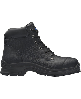 WORKWEAR, SAFETY & CORPORATE CLOTHING SPECIALISTS - Black print leather lace up safety boot with padded collar and ¾ bellows tongue