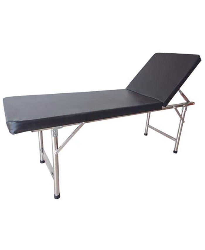 WORKWEAR, SAFETY & CORPORATE CLOTHING SPECIALISTS - EXAMINATION TABLE, STAINLESS STEEL FRAME, LEATHER UPHOLSTERED COUCH, ADJUSTABLE HEAD SECTION UP TO 70 DEGREES. - GST FREE