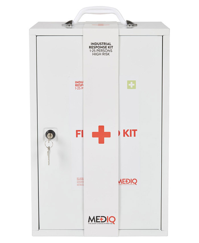 WORKWEAR, SAFETY & CORPORATE CLOTHING SPECIALISTS - DISCONTINUED - MEDIQ ESSENTIAL FIRST AID KIT WORKPLACE RESPONSE IN WHITE METAL WALL CABINET 1-25 PERSONS HIGH RISK