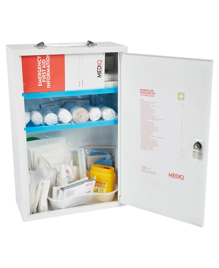 WORKWEAR, SAFETY & CORPORATE CLOTHING SPECIALISTS - DISCONTINUED - MEDIQ ESSENTIAL FIRST AID KIT WORKPLACE RESPONSE IN WHITE METAL WALL CABINET LOW RISK 1-25 PERONS