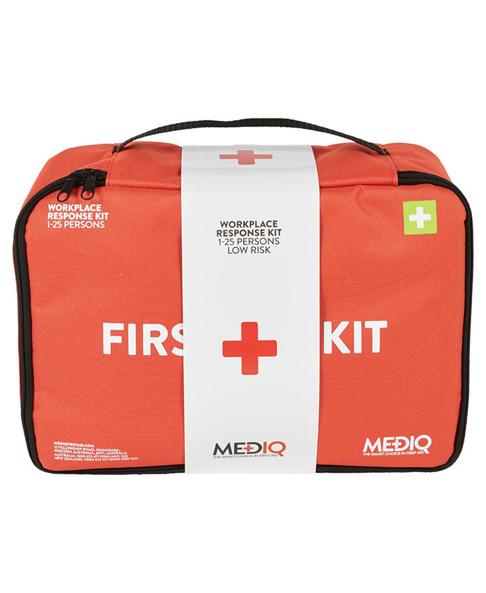 WORKWEAR, SAFETY & CORPORATE CLOTHING SPECIALISTS - DISCONTINUED - MEDIQ ESSENTIAL FIRST AID KIT WORKPLACE RESPONSE IN ORANGE SOFT PACK 1-25 PERSONS LOW RISK
