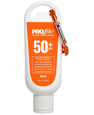 WORKWEAR, SAFETY & CORPORATE CLOTHING SPECIALISTS - PROBLOC SPF 50 + Sunscreen 60mL Squeeze Bottle with Carabiner (MOQ 6)