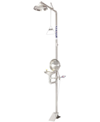 WORKWEAR, SAFETY & CORPORATE CLOTHING SPECIALISTS - COMBINATION SHOWER WITH EYE WASH, WITH BOWL & FOOT TREADLE - FLIP TOP LID