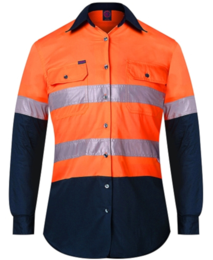 WORKWEAR, SAFETY & CORPORATE CLOTHING SPECIALISTS - Ladies 2 Tone Vented Light Weight Open Front L/S Shirt with 3M 8910 Reflective Tape