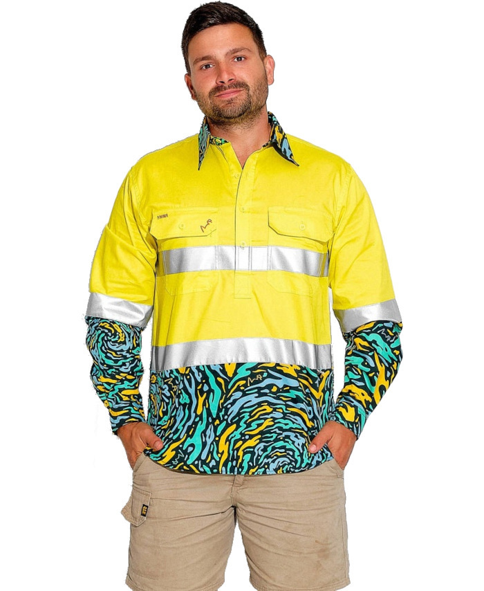WORKWEAR, SAFETY & CORPORATE CLOTHING SPECIALISTS - MENS SPUN OUT HI VIS DAY/ NIGHT YELLOW 1/2 PLACKET WORKSHIRT