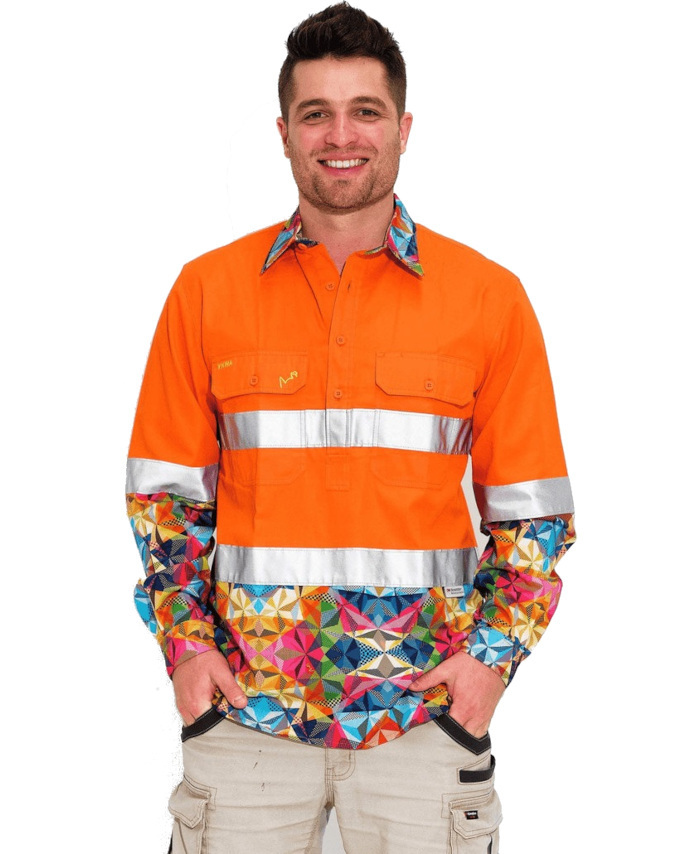 WORKWEAR, SAFETY & CORPORATE CLOTHING SPECIALISTS - MENS FRACTAL HI VIS DAY/ NIGHT ORANGE 1/2 PLACKET WORKSHIRT