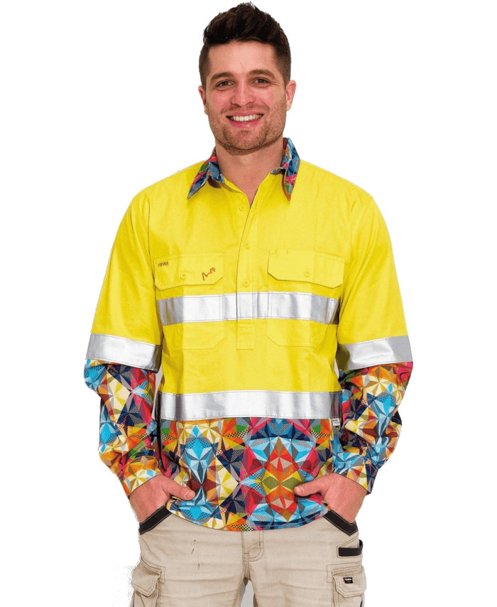 WORKWEAR, SAFETY & CORPORATE CLOTHING SPECIALISTS - MENS FRACTAL HI VIS DAY/ NIGHT YELLOW 1/2 PLACKET WORKSHIRT