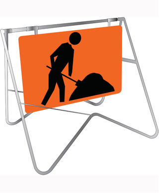 WORKWEAR, SAFETY & CORPORATE CLOTHING SPECIALISTS - 900x600mm - Swing Stand and Sign - Symbolic Worker-Steel-900x600mm